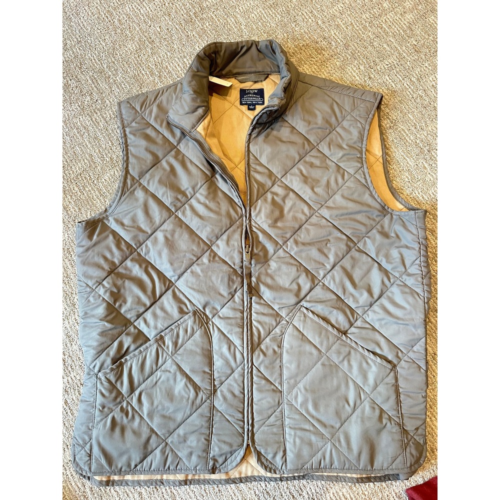 J Crew Mens Quilted Vest Grey Large Authentic Outerwear Full Zip Mock Neck